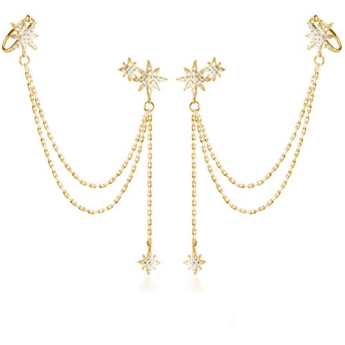 SLUYNZ 925 Sterling Silver Fashion Star Cuff Earring Chain for Women Star Crawler Earring Wrap Earrings - color: Pair-D-Yellow