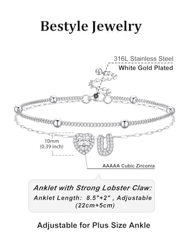Bestyle Initial Anklet Bracelets for Women Waterproof Non Tarnish 14K Gold/White Gold Plated CZ Anklets for Women Dainty Layered Letter Heart Ankle Bracelets Adjustable Foot Chain Anklet - color: U