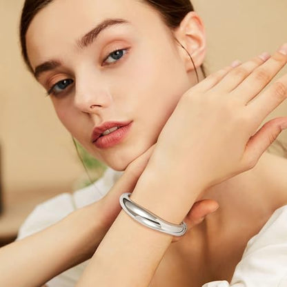 NICEIGHT 18K Gold Plated Chunky Bangle Bracelets for Women Gold Wide Cuff Bangle Bracelet Hammered Minimalist Thick Gold Wrist Wrap Bracelets - color: Silver Bold Bracelet
