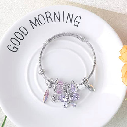 DS Charm Bracelets for girls,exquisite cute cartoon friendship bracelets Silver Stainless Steel Bangle with birthday Gift box, Adjustable girls jewelry Suitable for holiday gifts - style: Silver-purple butterfly2
