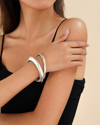 2pcs Gold Bangle Bracelets for Women, Trendy Hinged Cuff Open Wide Chunky Gold Bracelet Stack Arm Cuff Jewelry for Women - color: I-Silver Bangle