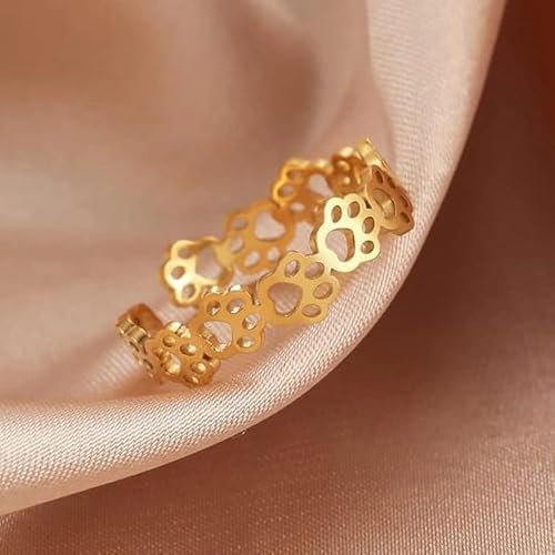 Fashionable and Cute Hollow Cat Claw Footprint Stainless Steel Open Ring Female Creative Couple Ring Animal Jewelry - color: golden