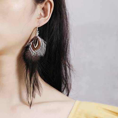 Bohemian Pheasant Peacock Long Feathers Statement Earrings Handmade Natural Lightweight Feather Dangle Earrings for Women (ea000071) - color: Silver Pheasant Black