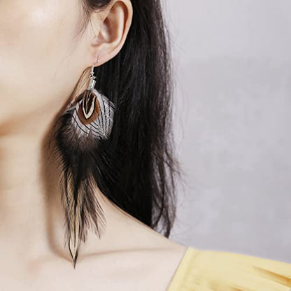 Bohemian Pheasant Peacock Long Feathers Statement Earrings Handmade Natural Lightweight Feather Dangle Earrings for Women (ea000071) - color: Silver Pheasant Black