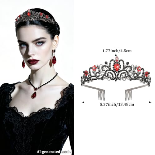 Gothic Tiara for Women, Black Red Crystal Crown, Tiara with Combs - color: Gunmetal