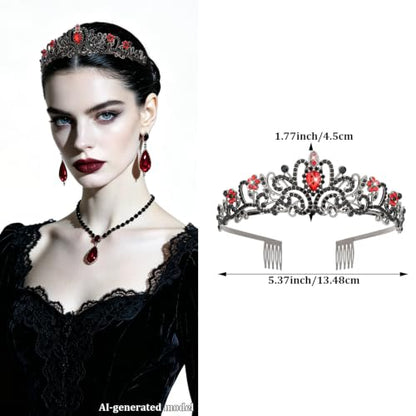 Gothic Tiara for Women, Black Red Crystal Crown, Tiara with Combs - color: Gunmetal