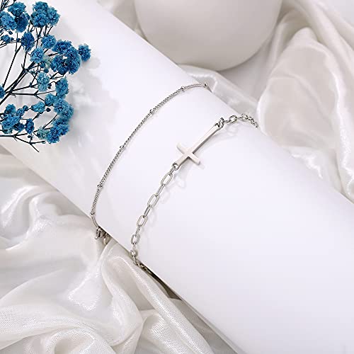 Dainty Gold Bracelets for Women, 14K Gold Plated Adjustable Layered Beads Bracelet Cute Evil Eye Oval Chain Pearl Bar Turtle Gold Bracelets for Women Jewelry - style: Beads Chain&Cross-Silver