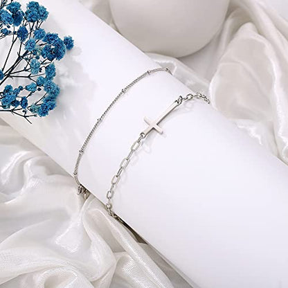 Dainty Gold Bracelets for Women, 14K Gold Plated Adjustable Layered Beads Bracelet Cute Evil Eye Oval Chain Pearl Bar Turtle Gold Bracelets for Women Jewelry - style: Beads Chain&Cross-Silver