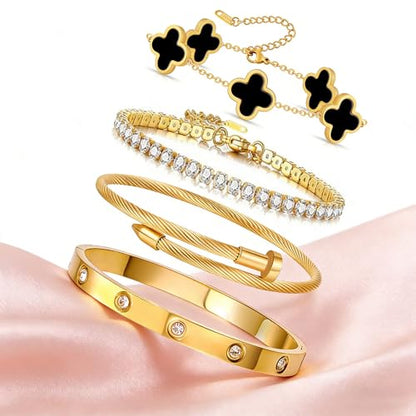 Gold Bracelets for Women, 18K Gold Plated Women Tennis Bracelets Clover Nail Love Bangle Bracelet Set, Gold Bracelet Stackable Set Trendy Jewelry, Gifts for Women's Day and Mother's Day - color: 10-Color- 4 Black
