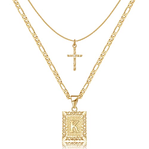 KELORIS PATH Gold Layered Initial Cross Necklace, 14K Gold Plated Layering Square Letter Pendant Figaro Chain Cross Choker from A-Z Capital Jewelry for Women Girls | 14K Gold Plated Square/Hexagon Letter Pendant with Figaro Chain, Stackable Jewelry Gifts,