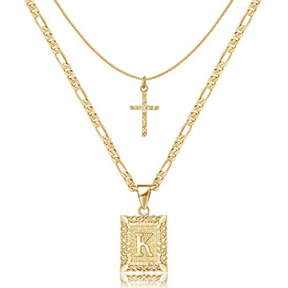KELORIS PATH Gold Layered Initial Cross Necklace, 14K Gold Plated Layering Square Letter Pendant Figaro Chain Cross Choker from A-Z Capital Jewelry for Women Girls | 14K Gold Plated Square/Hexagon Letter Pendant with Figaro Chain, Stackable Jewelry Gifts,