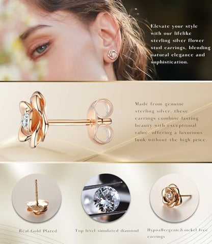 Gold Plated Sterling Silver Rose Flower Earring Studs, Hypoallergenic & Nickel Free Earrings for Women - color: Rose Gold Plated Silver, size: 9.0 Millimeters