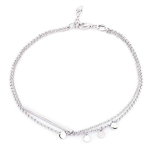 Vanbelle Sterling Silver Jewelry - Rhodium Plated with 925 Stamp - Double Layered Chain Circle & Bar Charms Anklet - Elegant handcrafted Stylish Designed for Women- 9" long + 1" extender