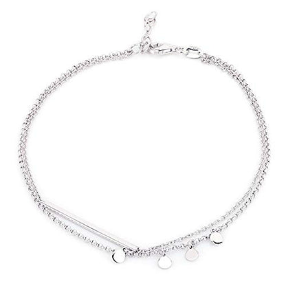 Vanbelle Sterling Silver Jewelry - Rhodium Plated with 925 Stamp - Double Layered Chain Circle & Bar Charms Anklet - Elegant handcrafted Stylish Designed for Women- 9" long + 1" extender