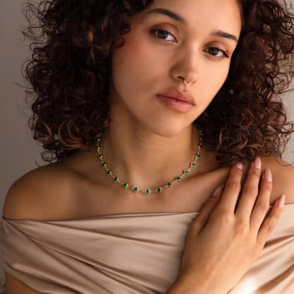 Colorful Necklace for Women,14K Gold Plated Chain With Crystal Necklace Womens Statement Cute Trendy Surfer Beach Choker Necklaces Gifts - color: Green Heart