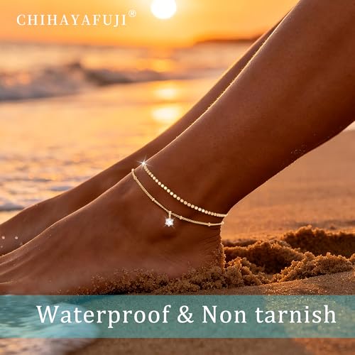 Sterling Silver Ankle Bracelets for Women 14k Gold Plated Waterproof Layered Stackable CZ Charm Non Tarnish Adjustable Anklet for Summer Beach Birthday Jewelry Gift - color: gold D