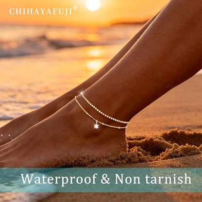 Sterling Silver Ankle Bracelets for Women 14k Gold Plated Waterproof Layered Stackable CZ Charm Non Tarnish Adjustable Anklet for Summer Beach Birthday Jewelry Gift - color: gold D