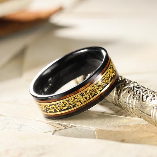 King Will Wood Wedding Band Wood Inlay for Men - color: Black & Gold-8mm