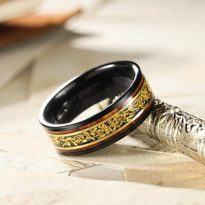 King Will Wood Wedding Band Wood Inlay for Men - color: Black & Gold-8mm