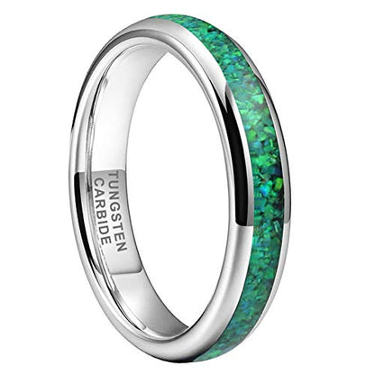 TUTISS 4mm Silver/Black Tungsten Rings for Women Men Engagement Wedding Bands Genuine Blue Green Galaxy Opal Inlay Domed Polished Comfort Fit - color: 4mm Tungsten Green Opal