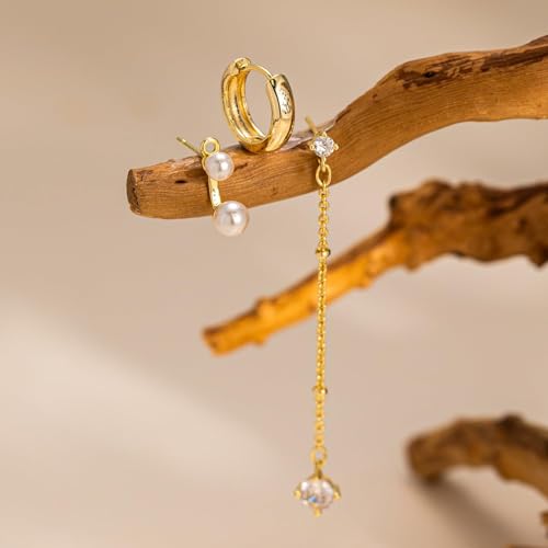 Pearl Earrings - 14K Gold/White Gold/Rose Gold Plated Cubic Zirconia CZ Diaomond Accented Pearl Drop Dangle Earrings for Women Wedding Bridal Prom - color: Ear Jacket earings set