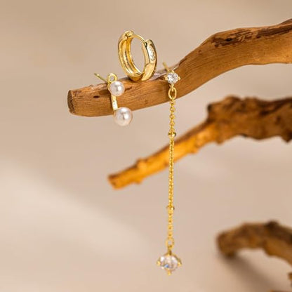 Pearl Earrings - 14K Gold/White Gold/Rose Gold Plated Cubic Zirconia CZ Diaomond Accented Pearl Drop Dangle Earrings for Women Wedding Bridal Prom - color: Ear Jacket earings set