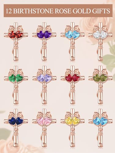Rose Gold Cross Necklace with 2 Birthstones and Rose | Cross with Birthstone Necklace, Hypoallergenic, Adjustable Rolo Chain, Birthday Gifts, Catholic Christian Religious Jewelry - color: 04-10-Apr-Oct Birthstone