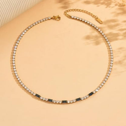 Tennis Necklaces for Women 18K Gold Plated White Red Green Blue Cubic Zirconia Necklaces Dainty Rhinestone Choker Necklaces Trendy Faux Diamond Tennis Chain 3mm - color: Blue Tennis Choker-Gold