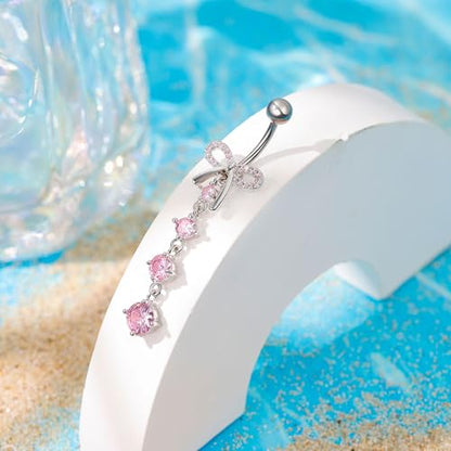 REVOLIA 14G F136 Titanium Dangle Belly Button Ring for Women Dangling Navel Ring Hypoallergenic Belly Ring Externally Threaded Barbell CZ Bow Navel Piercing Jewelry - color: Pink