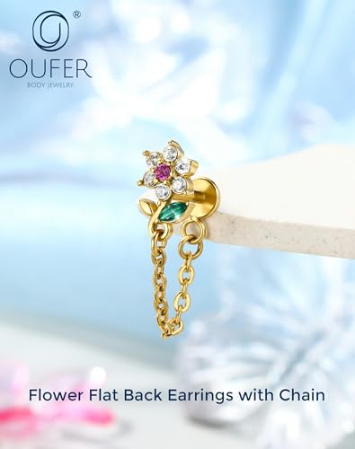 OUFER 16G Threadless Flat Back Cartilage Stud with Chain Dangle, Flower CZ Cluster Labret for Helix/Conch/Tragus/Lobe, 316L Stainless Steel, 6mm Post - color: Gold