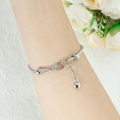 Silver Cross Heart Glass Bead Snake Charm Bracelet Jewelry Gifts for Women | Elegant Bracelet with Heart Beads, Silver Cross and Snake Chain Design, Stylish Daily Jewelry, Ideal Birthday Gift for Ladies