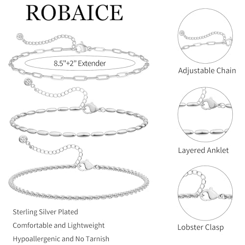Robaice Ankle Bracelets for Women, 14K Gold Plated/Silver Layered Anklets | Waterproof Adjustable Anklet for Women, Summer Beach Anklet, Glitter Jewelry for Women Gifts - color: Silver-3