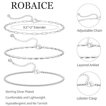 Robaice Ankle Bracelets for Women, 14K Gold Plated/Silver Layered Anklets | Waterproof Adjustable Anklet for Women, Summer Beach Anklet, Glitter Jewelry for Women Gifts - color: Silver-3