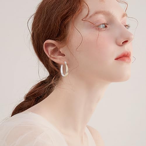 Small Sterling Silver Gold Hoop Earrings Oval Grooved Two Tone Hoops Earrings for Women - color: Two Tone Rope Hoops