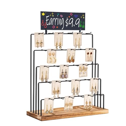Earring Display Stands for Selling with Blackboard, Earring Rack Display Holder Stand, Jewelry Display for Selling Earring Cards, Bracelets, Hair Accessories, Rings, Necklaces, 15"W x 6"D x 15.5"H - color: Brown Wood, size: Common Size