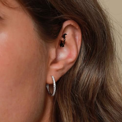 3 Pcs 316L Stainless Steel 16G Tragus Helix Rook Piercing Jewelry with Chain, Cartilage Earrings for Women, Belly Button Ring Vertical Labret Lip Piercing Jewelry - color: Black, size: Moon