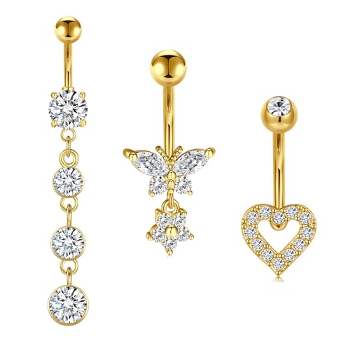 Silver Gold Belly Button Ring for Women Clicker Hoop Belly Rings Opal Navel Piercing Jewelry Dangle Hypoallergenic Surgical Steel Dainty Dangling Navel Rings for Women - color: F2-dangle-gold-3p