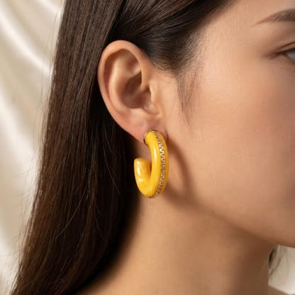 Gold Plated Resin Chunky Hoop Earrings Hypoallergenic Push Back Hoops for Sensitive Ears - color: Lemon Yellow