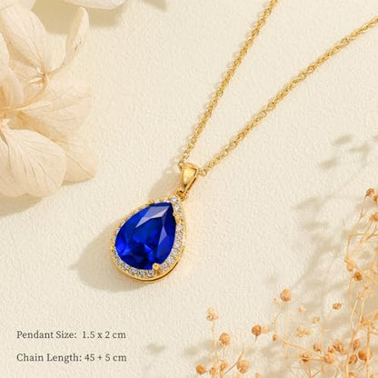 VONSSY Classic Oval Pendant Gemstone Necklace | Crystal Ruby Sapphire Waterdrop Birthstone Teardrop Emerald Necklace | 18K Platinum Gold Plated Chain | Jewelry Gift for Mother Wife Girlfriend - color: NL-Sapphire-Gold