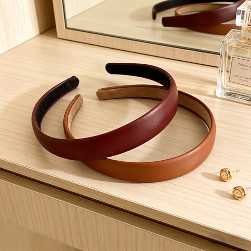 PU Leather Headbands for Women,2 Pcs Non-slip Fashion Wide Padded Hairband Fashion Hair Bands Cute Womens Headbands Holiday DIY Hair Accessories(Red+Brownish-yellow)