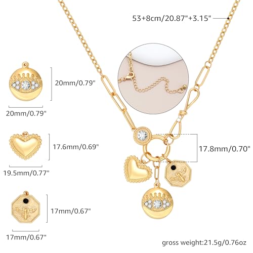 Charm Necklace for Women Gold Evil Eye Sun Moon Flower Coin Pendant Necklace Dainty Paperclip Chain Vintage Luck Amulet Choker Necklaces Celestial Jewelry Gift - style: Evil Eye, Heart, Coin