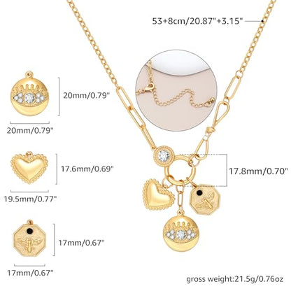 Charm Necklace for Women Gold Evil Eye Sun Moon Flower Coin Pendant Necklace Dainty Paperclip Chain Vintage Luck Amulet Choker Necklaces Celestial Jewelry Gift - style: Evil Eye, Heart, Coin
