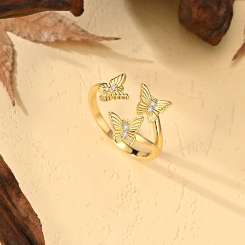 LAZA 925 Sterling Silver Ring for Women Statement Adjustable Open Ring | 14K Gold Plated Butterfly Cat Fish Evil Eye Flower Cross CZ Stackable Trendy Eternity Ring for Women Jewelry Gifts - color: Butterfly