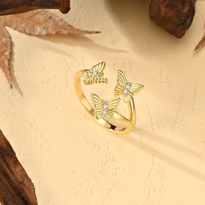 LAZA 925 Sterling Silver Ring for Women Statement Adjustable Open Ring | 14K Gold Plated Butterfly Cat Fish Evil Eye Flower Cross CZ Stackable Trendy Eternity Ring for Women Jewelry Gifts - color: Butterfly