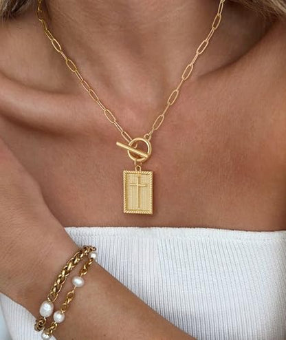 Chunky Gold Necklace for Women Trendy Non Tarnish 14K Gold Plated Paperclip Chain Charm Necklaces Chunky Heart Cross Clover Pearl Pendant Necklace with Toggle Clasp Statement Jewelry Gift for Women - color: C-Square Cross