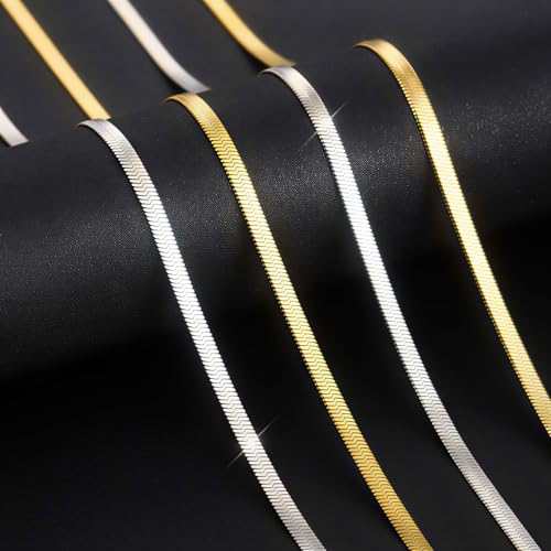 14K Gold/Silver Plated Stainless Steel Herringbone Necklace for Women, Dainty Snake Chain Choker, Trendy Simple Long Layered Jewelry, Non Tarnish 4mm Flexible Flat Necklace, Made in Italy - color: S-20