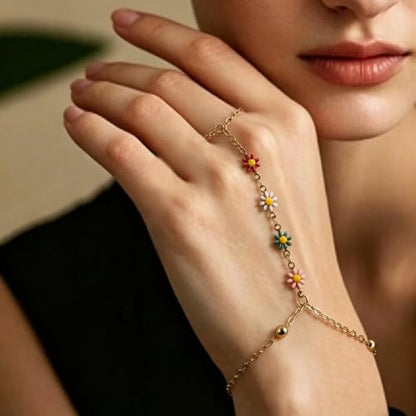 DELUU 7Pcs Gold Plated Hand Chain Bracelet for Women,Stack Bracelet Set | 14K Gold Plated,Adjustable Hand Chain,Ring Bracelet,Comfortable and Smooth,Sturdy and Durable,Daily Wear for Trendy Women