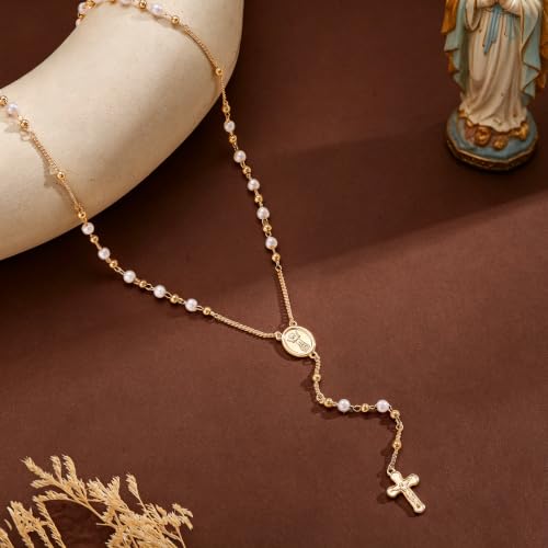 14K Gold/Silver Plated Miraculous Medal Rosary Cross Necklace Women | Miraculous Medal Y-Chain Rosary Necklace, Premium Gift Box, Catholic Milestone Gifts, Daily Faith Wear - style: Gold Style1