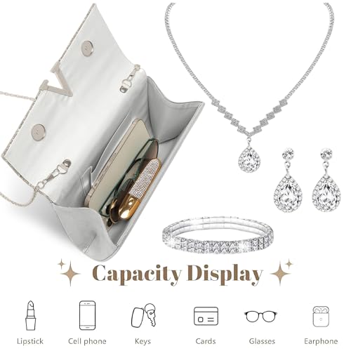 YYW 4 Pieces Women Evening Handbags Clutch Purse Bag with Rhinestone Crystal Jewelry Set for Wedding Party - color: silver 1