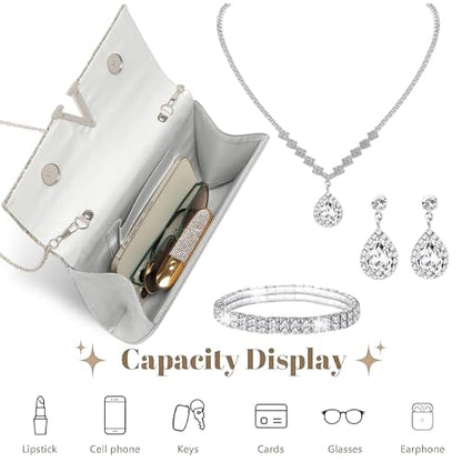 YYW 4 Pieces Women Evening Handbags Clutch Purse Bag with Rhinestone Crystal Jewelry Set for Wedding Party - color: silver 1